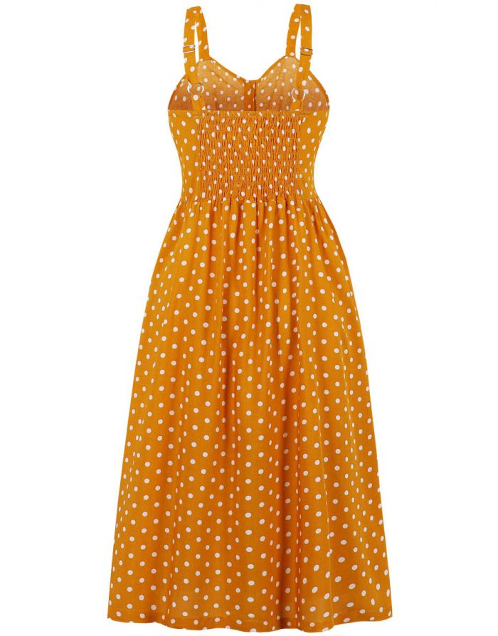 Yellow Dress Summer Straps Backless Pleated Polka Dot Printed Single Breasted Pockets Casual Midi Dresses